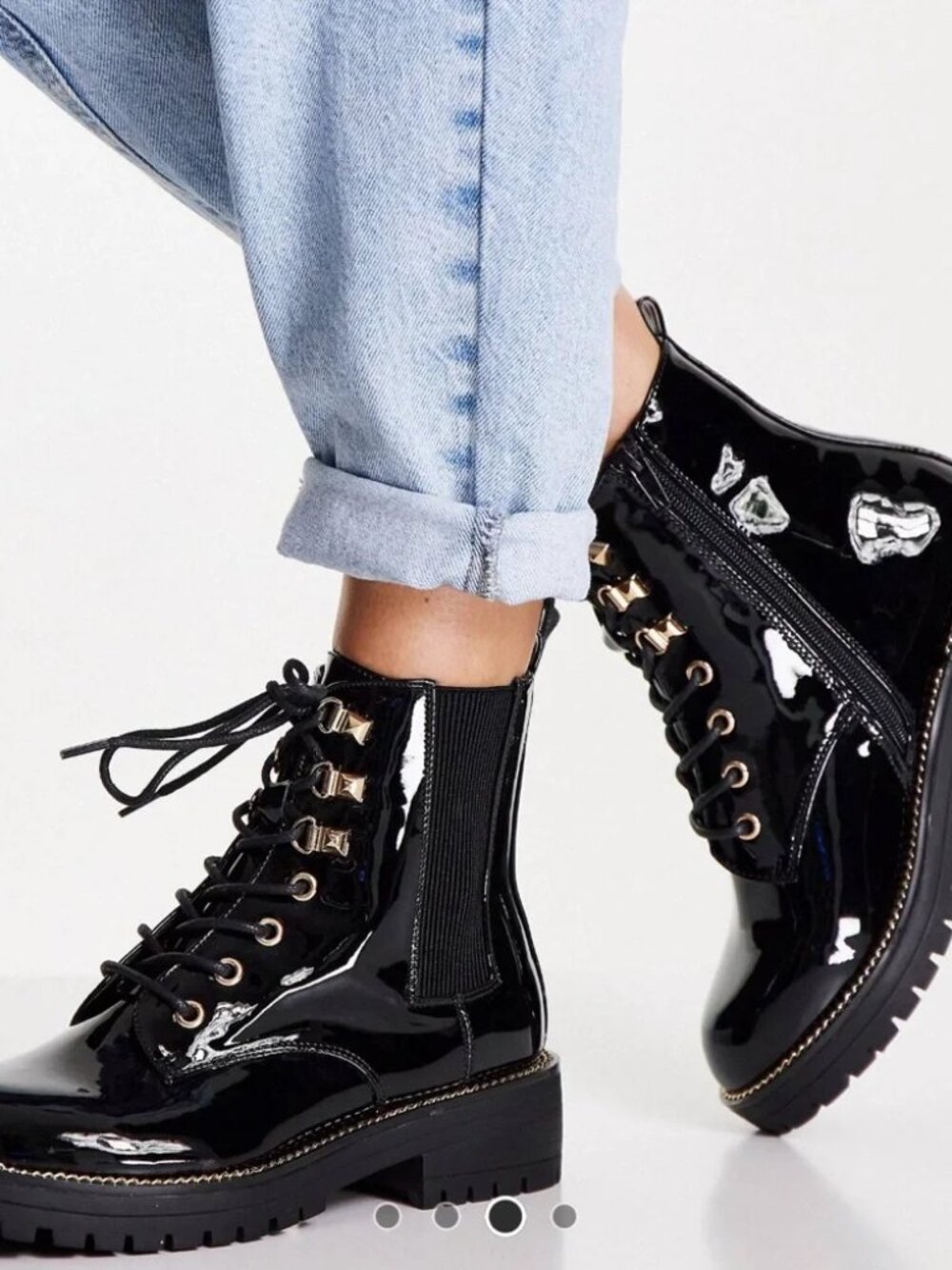 River Island Womens Black Patent Flat Lace Up Chunky Ankle Boots - 8 - Picture 3 of 4